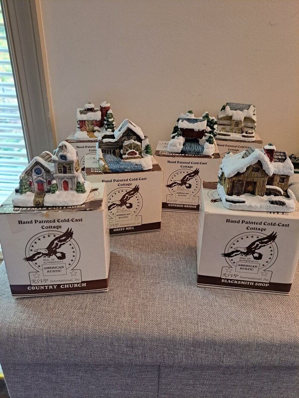 1989 American Rustic Hand-Painted Cold-Cast Christmas Village Complete Set